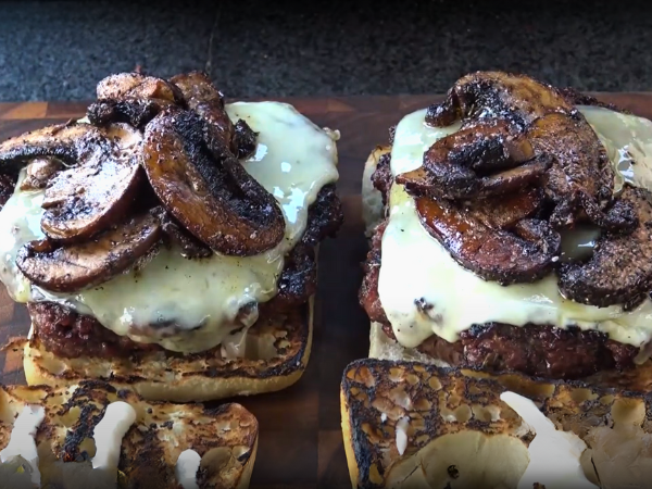 Swiss Mushroom Burger With Honey Drizzle- Piling On The Sautéed Mushrooms